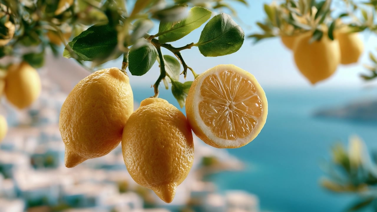 Una vista ravvicinata di limoni appena raccolti appesi a un albero rigoglioso, con l'oceano panoramico sullo sfondo, che mette in mostra la freschezza e l'abbondanza della natura.