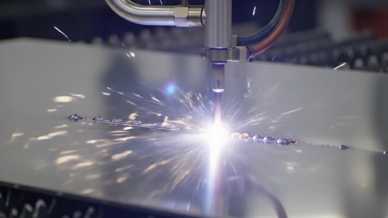Intense Laser Cutting Process: Captivating Sparks Emerge as Precision Tool Engages Metal Surface, Demonstrating Advanced Technology in Metal Fabrication