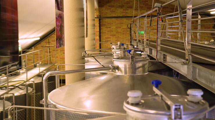 This video pans across a winery cellar with sealed steel containers and lids