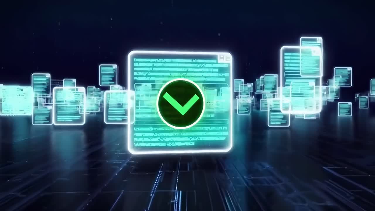Futuristic video with a low-angle view of glowing digital screens floating in a dark space