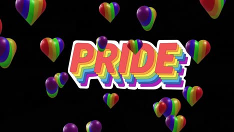 animation of rainbow hearts over pride text on black background