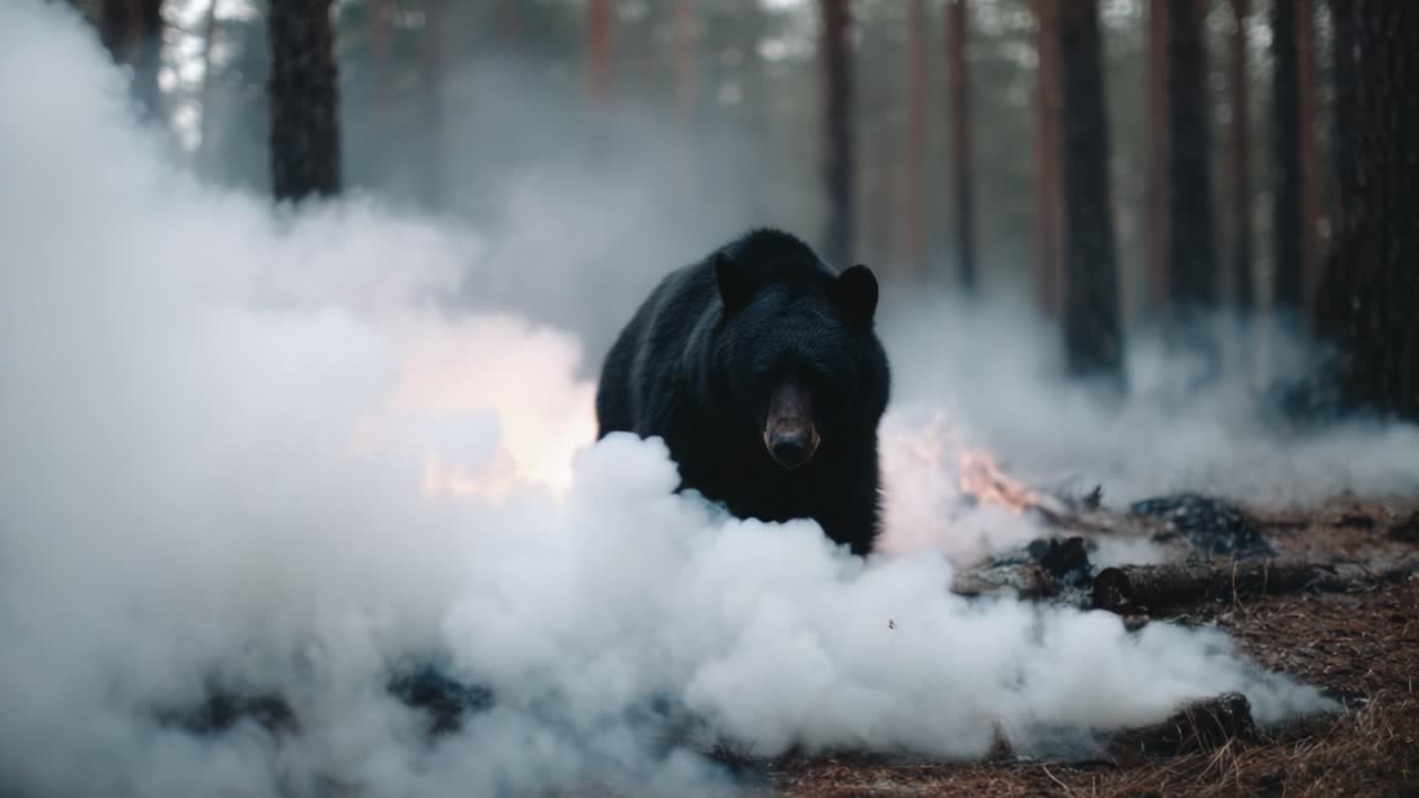 A Majestic Black Bear Navigates Through Smoky Woods Amidst Fiery Debris, Capturing the Essence of Wildlife's Struggle and Resilience in Challenging Environments