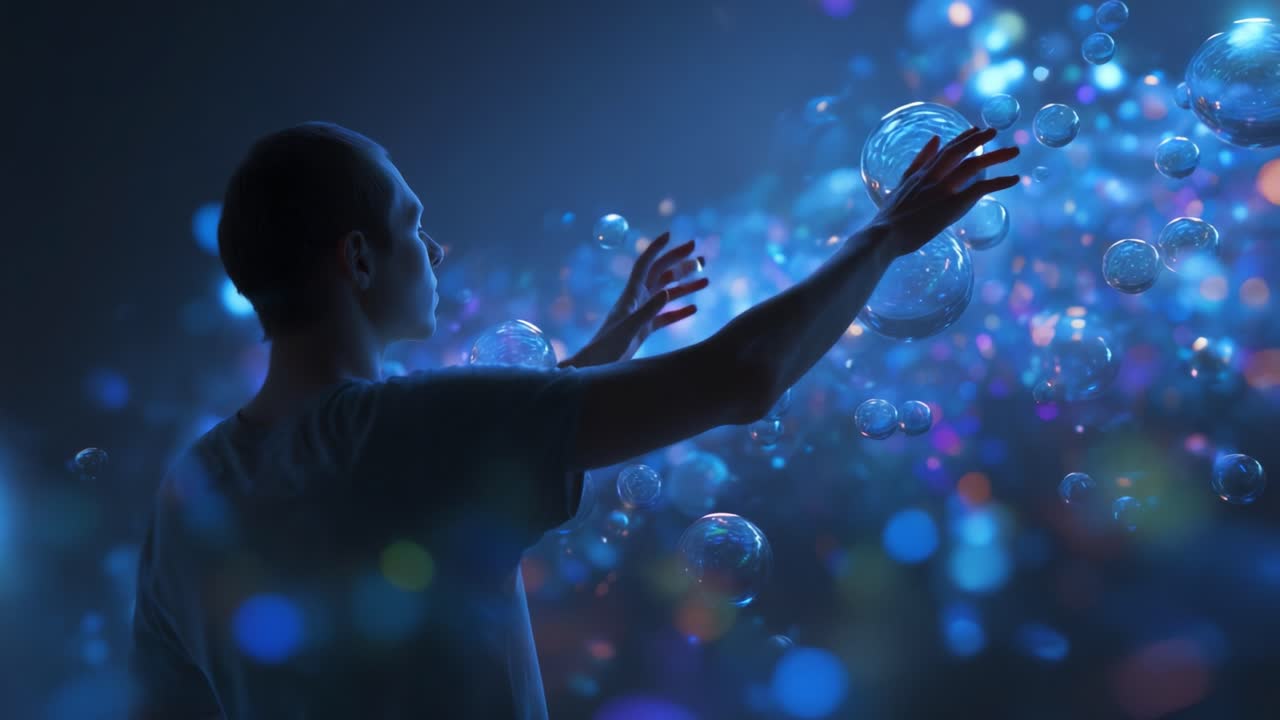 Una scena ipnotica di una persona che allunga la mano verso una serie vivace di bolle fluttuanti, circondata da un caleidoscopio di colori e luci scintillanti, creando un'atmosfera incantevole di meraviglia e immaginazione