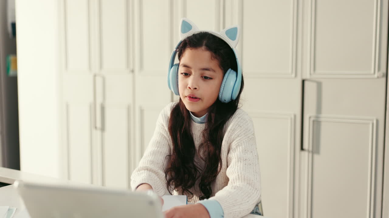 Girl learning online with headphones
