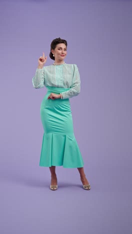 elegant woman in vintage-inspired outfit on purple background