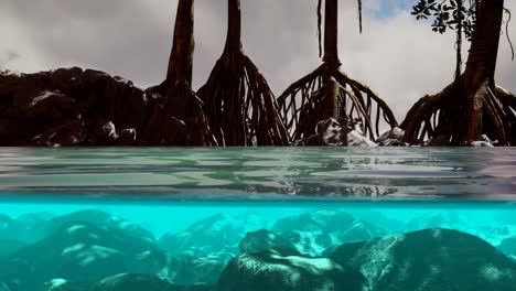 above and below the sea surface near mangrove trees