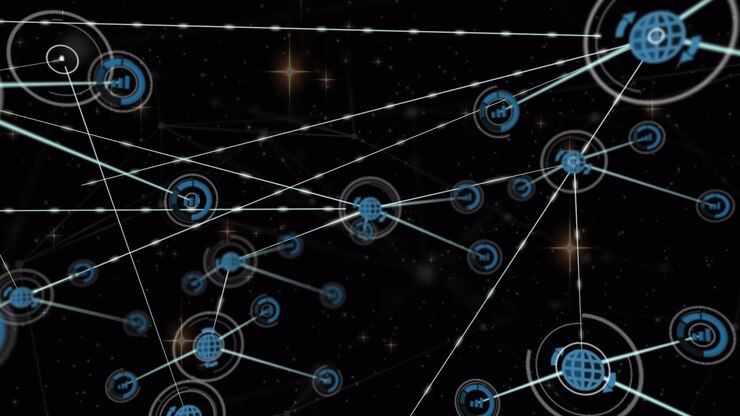 Animation of icons connected with lines over shining stars with galaxy in background