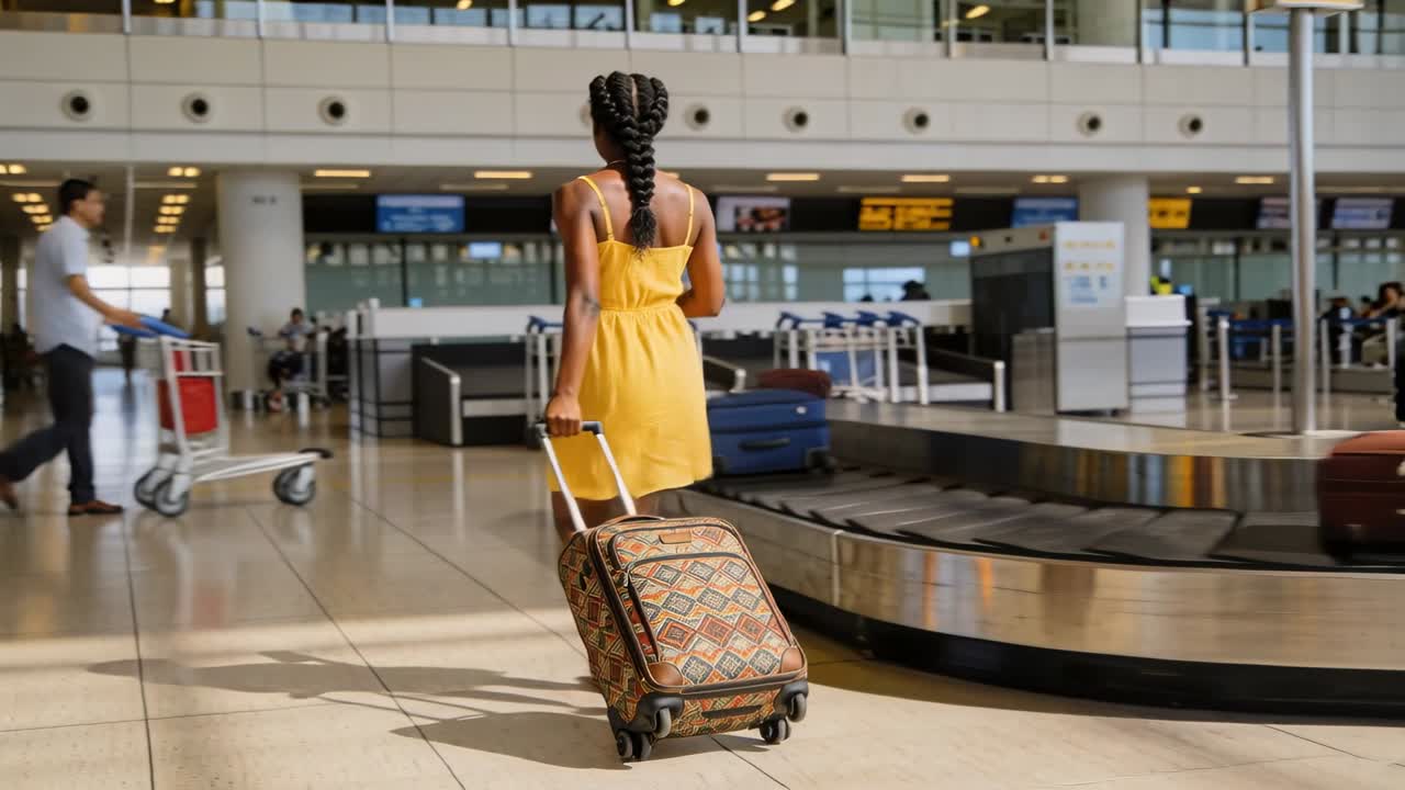 Após desembarcar, mulher caminhando no setor de retirada de bagagem, puxando mala de rodinhas estampada, verificando o celular e pegando a mala.