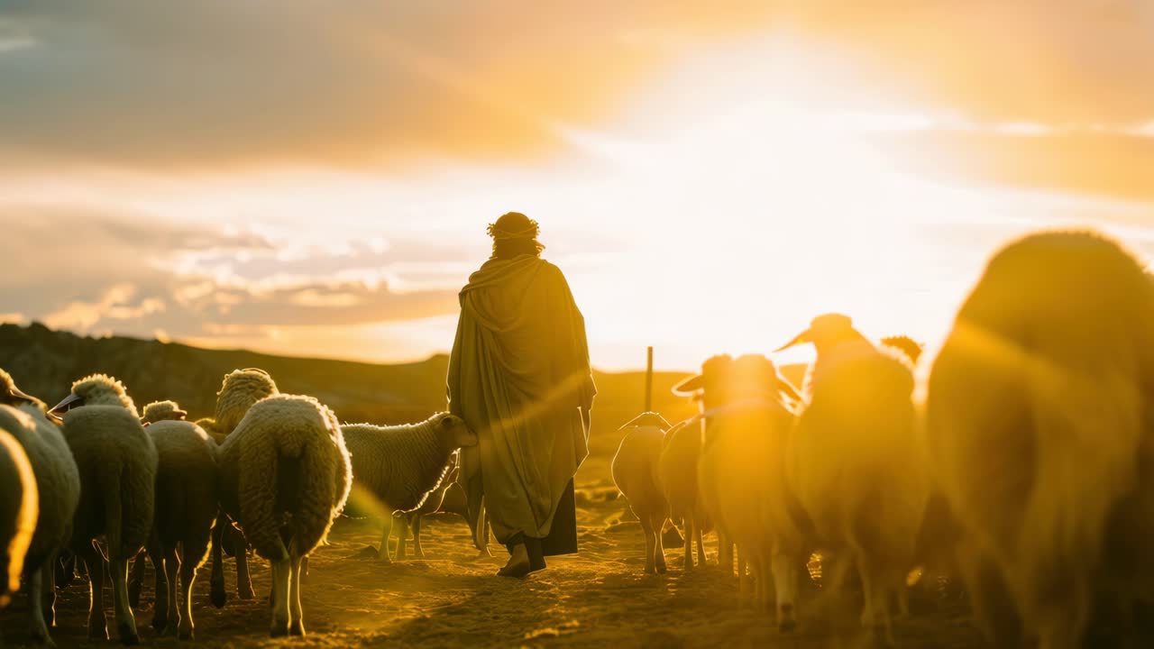A serene video scene at sunset, capturing a shepherd from a low angle, walking with sheep