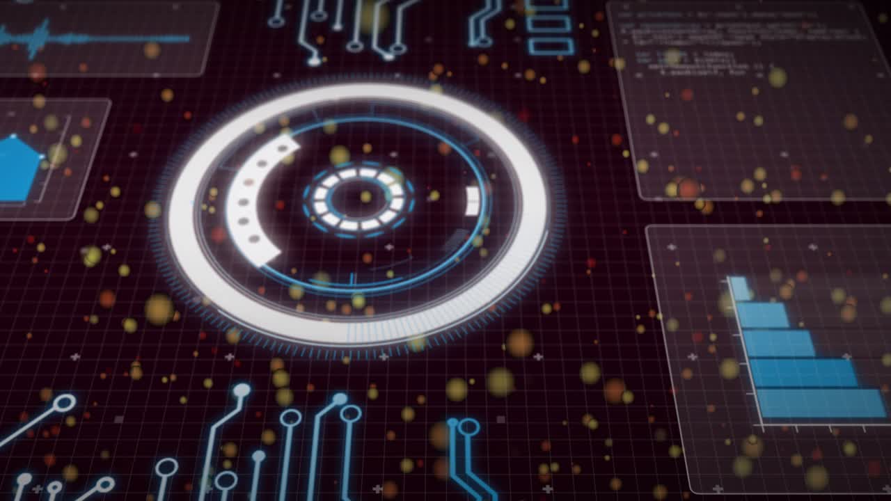 On startup central circular HUD animating with rotating rings, pulsing core, panels bringing focus
