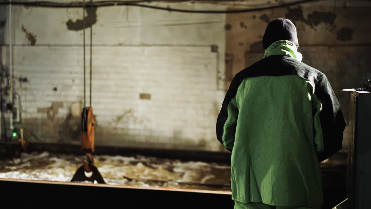 크레인 후크를 감독하는 노동자가 은 산업용 치 크를 는 어깨 위의 시각