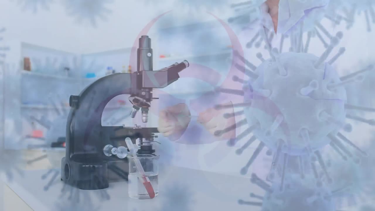 signo de peligro para la salud y la propagación de covid-19 sobre el científico