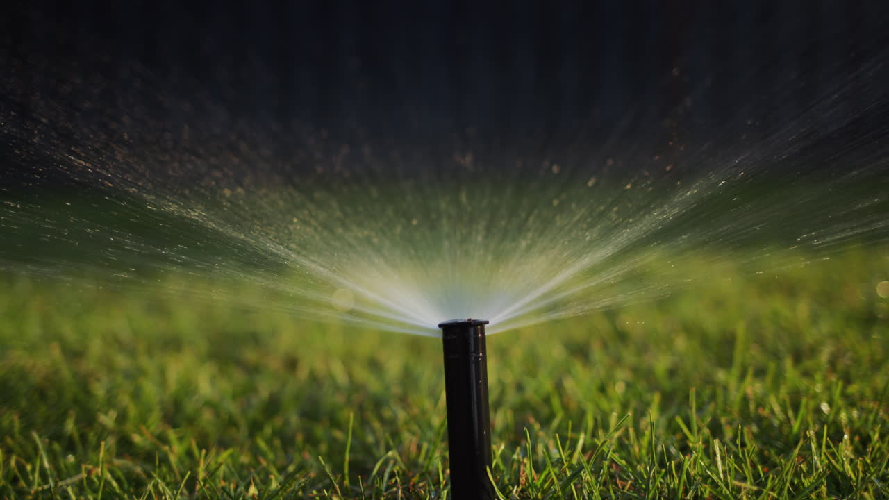 The automatic irrigation nozzle rises from the ground. A stream of water under pressure irrigates the green lawn