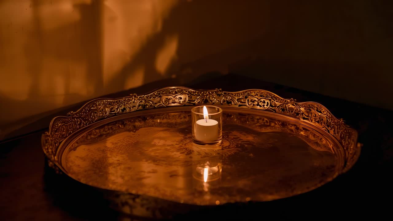 Candela in un bicchiere con fiamma tremolante, che vacilla in una corrente d'aria su un vassoio decorato, riflettendo la fiamma e le ombre sul muro, mentre si assesta.