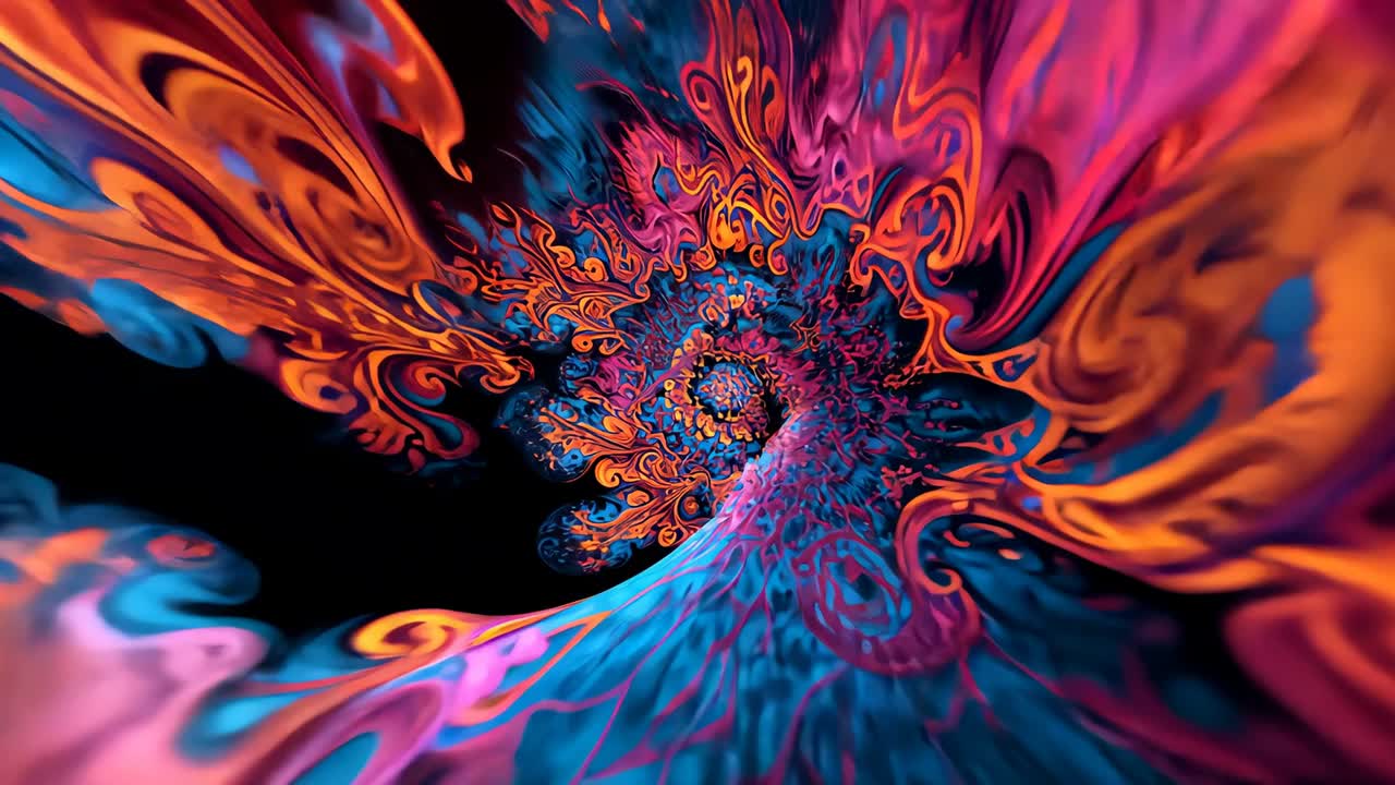 Revealing fractal tunnel swirl twisting into narrow spiral vortex drawing viewer through dark void