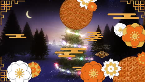 animación de formas decorativas y estrellas fugaces sobre el árbol de navidad en el paisaje de invierno