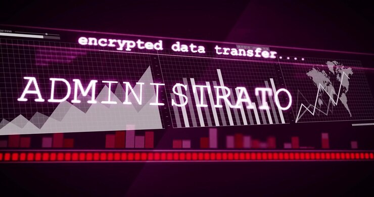 Trasferimento di dati crittografati che appare, ADMINISTRATOR che scorre dentro, animando grafici, mostrando sicurezza.