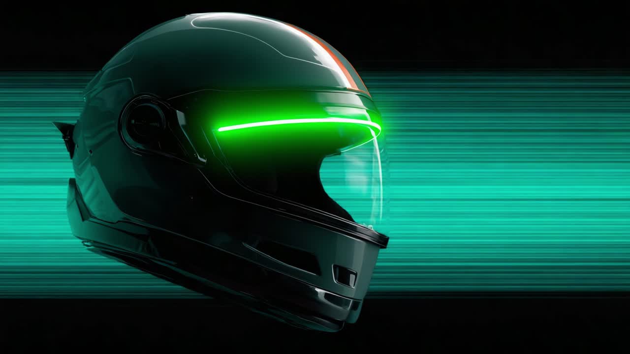 Dynamic Helmet Design with Neon Accents: A Futuristic Look at Racing Headgear Featuring Striking Lighting Elements in Motion