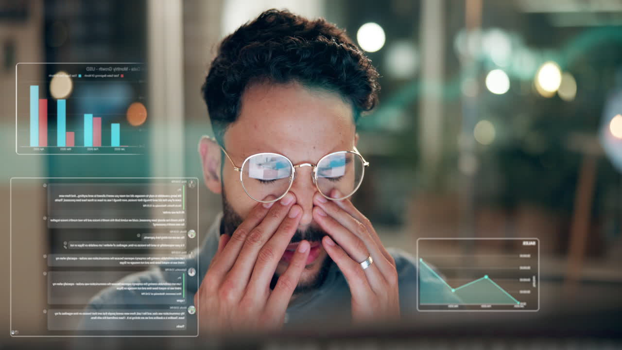 Overworked Man Experiencing Eye Strain from Computer Screen