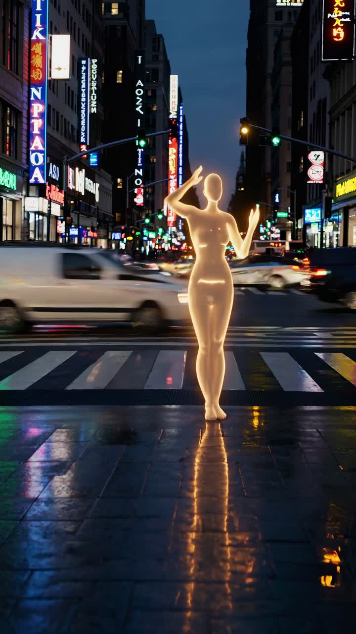 Luminous female silhouette crossing urban street, surrounded by passing vehicles, neon lit cityscape glowing with futuristic electric ambiance during nighttime