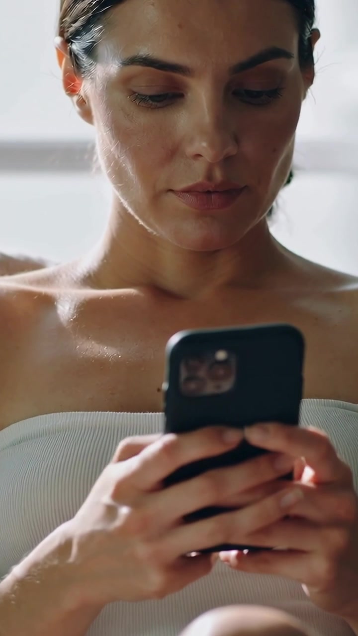 Vertikální video: Žena doma ťuká do smartphonu s tmavým pouzdrem, má na sobě top bez ramínek a sedí na pohovce.