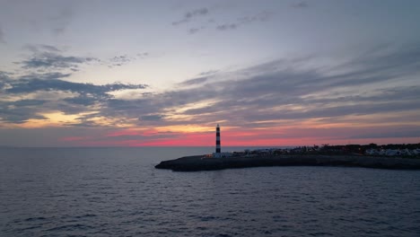 panoramic landscape, mediterranean sunset aerial with cap d’artrutx lighthouse