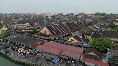 aerial drone footage in hoi an old town a famous touristic area in central vietnam