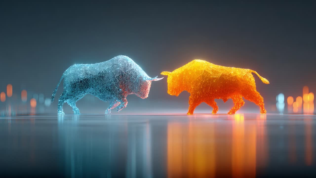 Encuentro dinámico: un choque metafórico entre dos toros digitales que representan las tendencias del mercado en un vibrante y abstracto panorama financiero