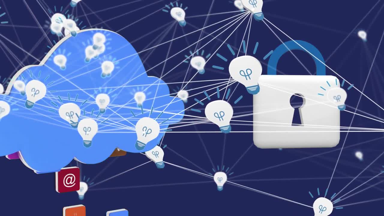 Animazione di un lucchetto di sicurezza online con una rete di connessioni e icone.