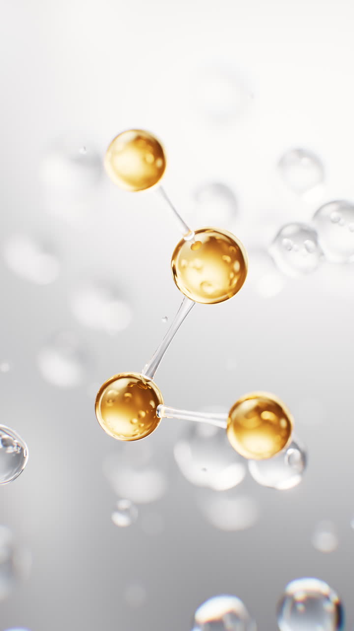 Biological golden molecule with cosmetics background, 3d rendering