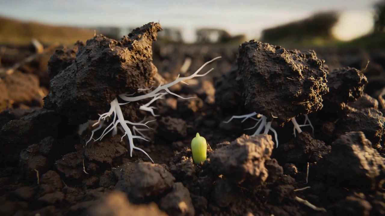 Moving camera showing tiny green sprout pushing up through ploughed soil, germinating seed in field