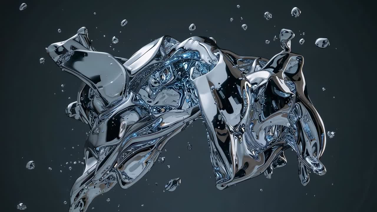 Bulging initiating amorphous silver liquid form morphing and twisting on gradient with drops