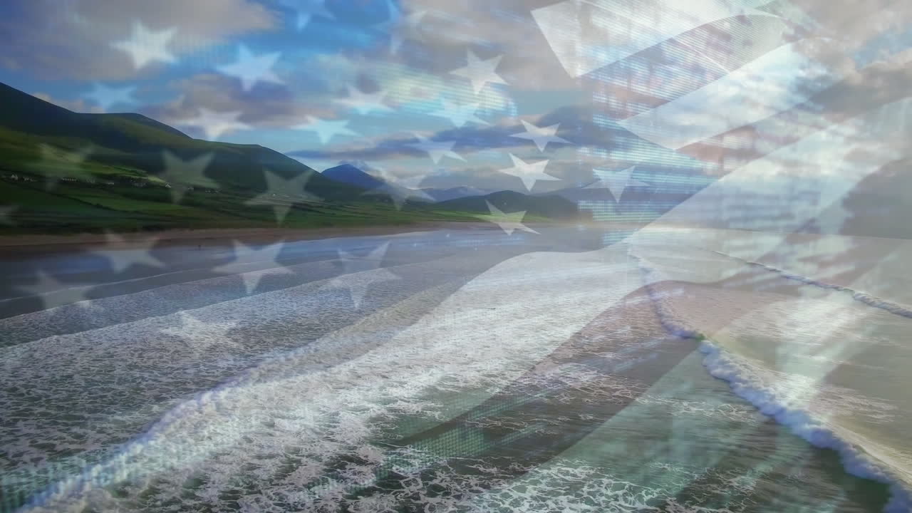 animación de la bandera de américa ondeando sobre una playa soleada y las olas rompiendo en el mar