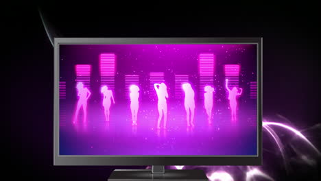 디지털 애니메이션 댄스 비디오를 보여주는 컴퓨터
