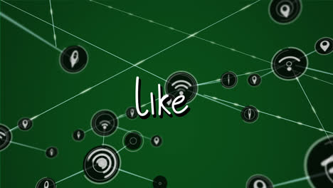 animation of network of connections with icons over like text on green background