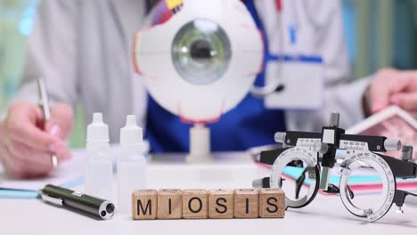 ophthalmology examination setup with miosis blocks and eye model