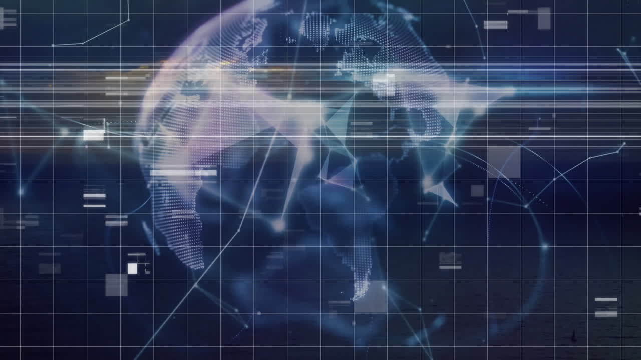 Glowing connections and data points creating digital world map with animation