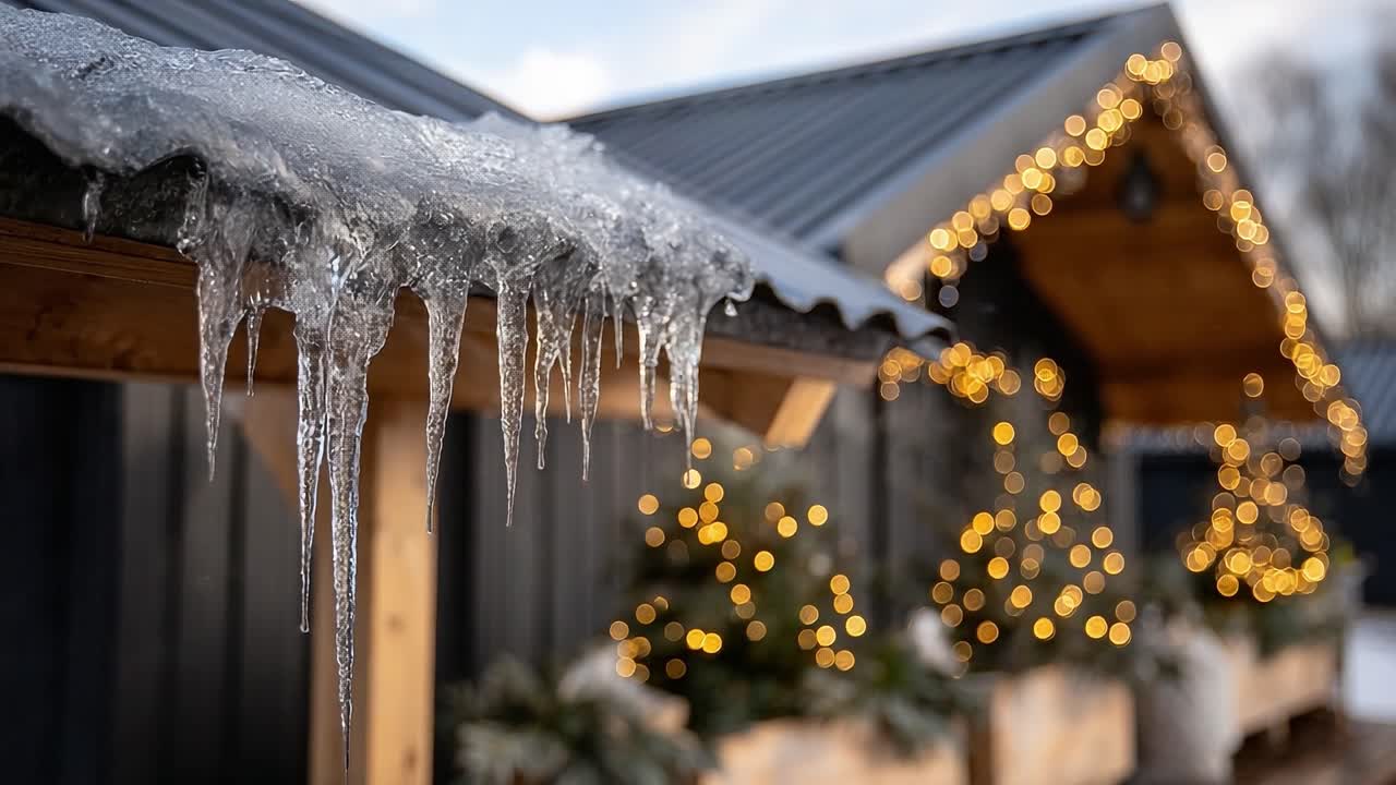 Icicles Hang from a Roof with Twinkling Lights in a Winter Wonderland, Capturing the Beauty of the Holiday Season with Festive Decorations and Natural Ice Formations