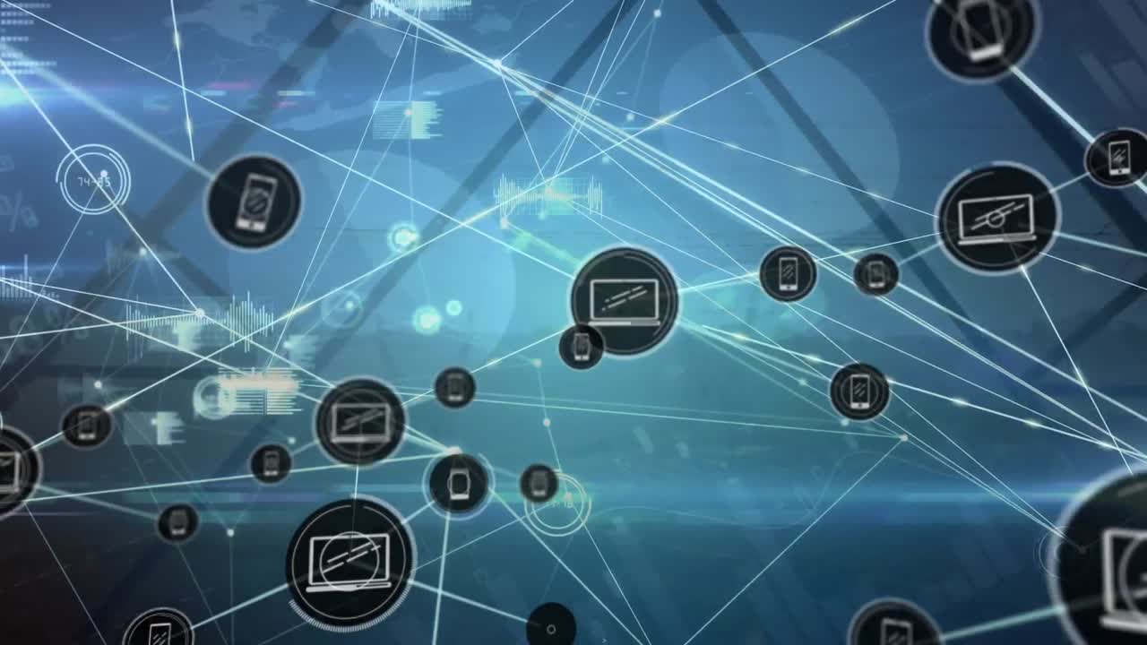 animación de la red de conexiones con iconos y procesamiento de datos