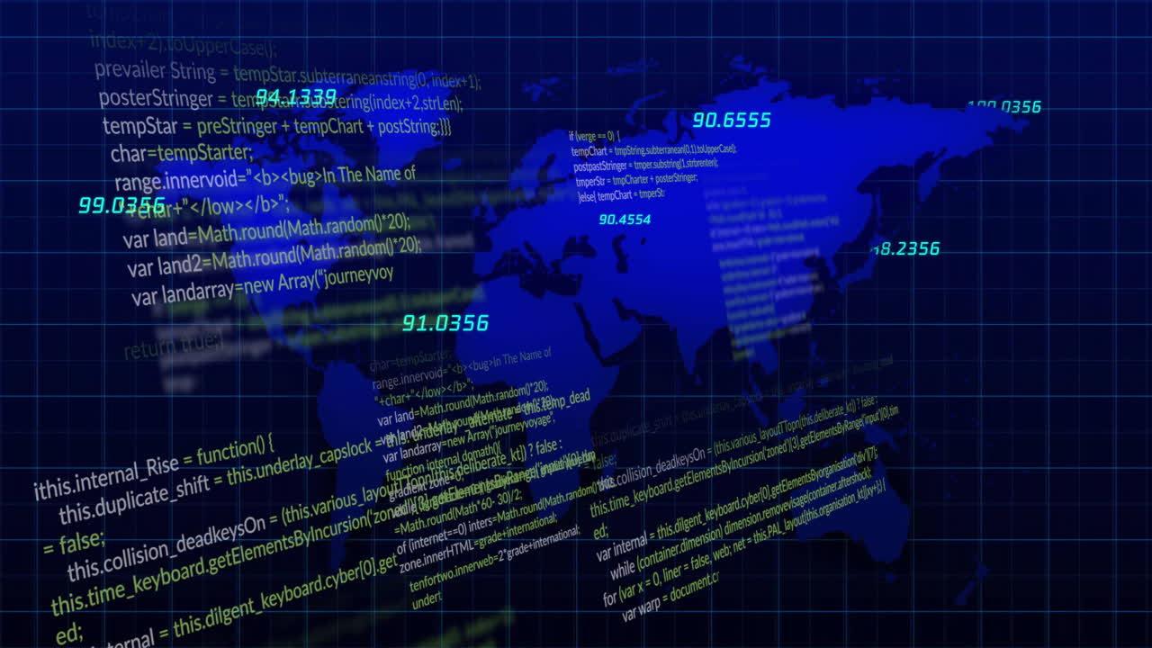 Animation of data processing and world map over black background
