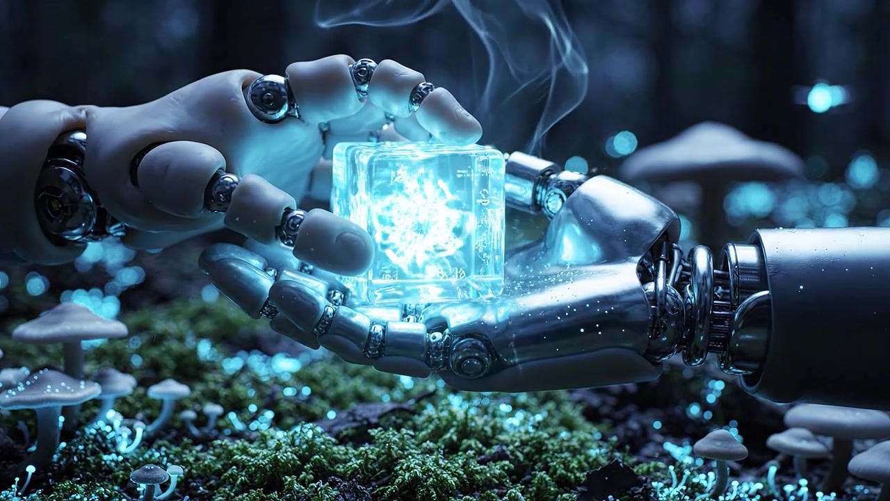 A futuristic hand, either human or robotic, delicately holds a glowing, mystical cube amidst a bioluminescent forest floor filled with ethereal mushrooms and vibrant flora.