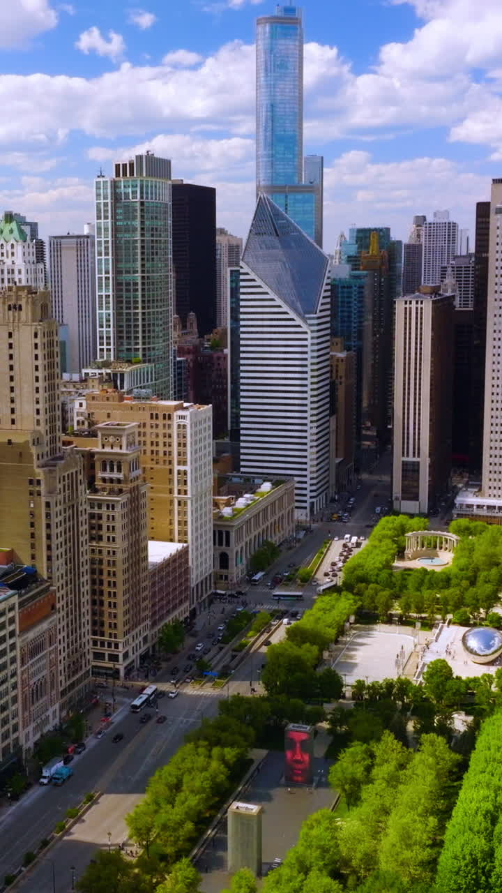 Green beautiful Millennium Park surrounded by amazing Chicago architecture. Multi-lane road separating park from buildings. Vertical video