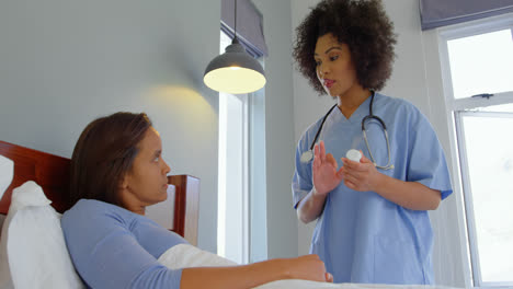 Vista-Frontal-De-Una-Joven-Doctora-De-Raza-Mixta-Discutiendo-Medicamentos-Con-Una-Mujer-Madura-En-Casa-4k