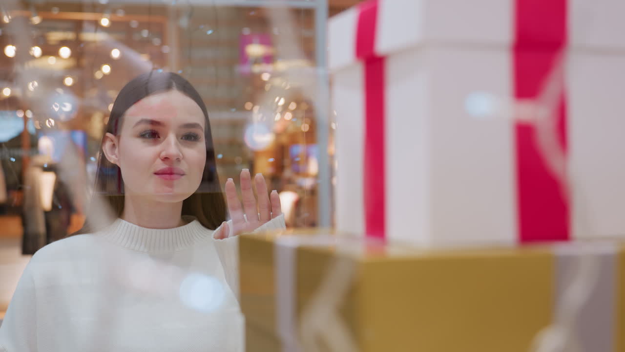Close-up of beautifully wrapped gift box displayed in store window with lady admiring it through glass in mall filled with decorative lights, capturing festive holiday shopping ambiance