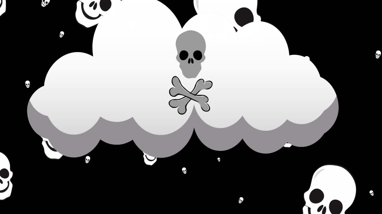 검은 바탕에 두개골과  ⁇ 가 있는 두개골과 구름이 떨어지는 애니메이션
