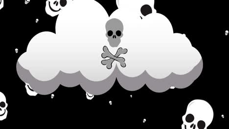 animación de cráneos cayendo y nube con cráneo y huesos en fondo negro