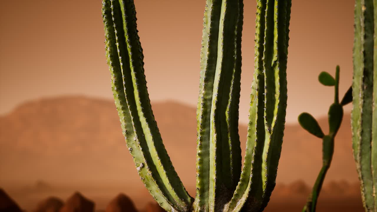 아리조나 사막 에 거대 한 사구아로 카크투스 와 함께 해가 지는 것