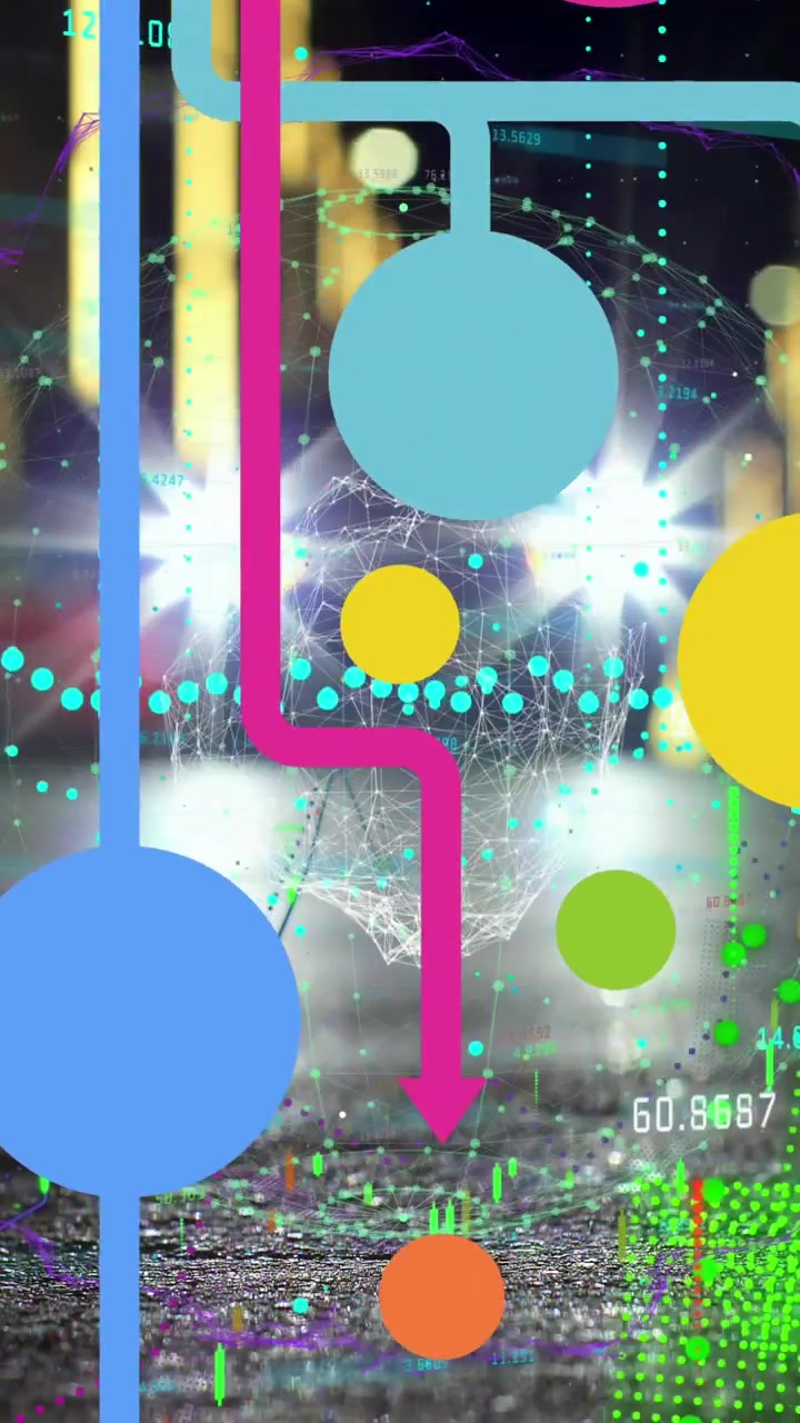 Animation of data processing over shapes and cityscape