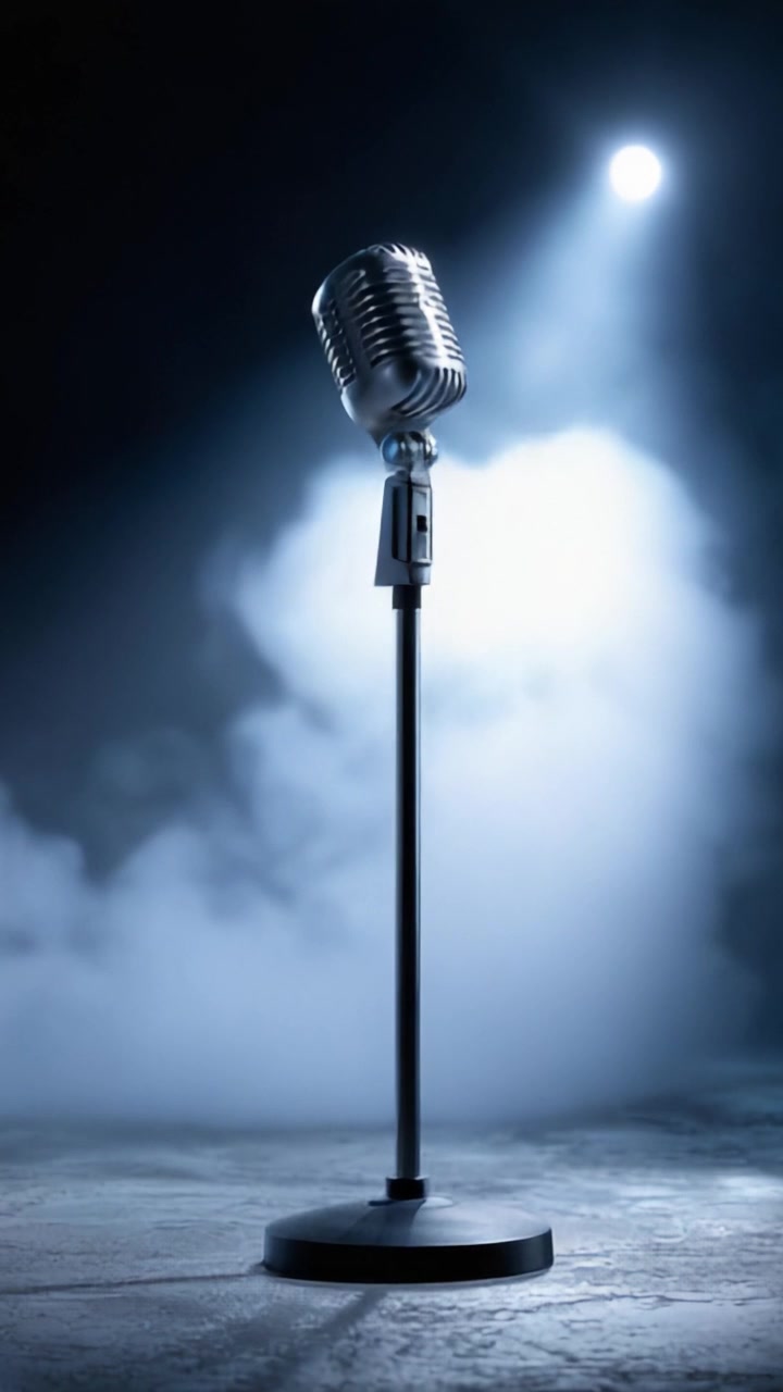 Un microfono classico si erge solitario in mezzo a una misteriosa nebbia blu, catturando l'essenza della performance dal vivo e dell'espressione musicale sotto i riflettori.