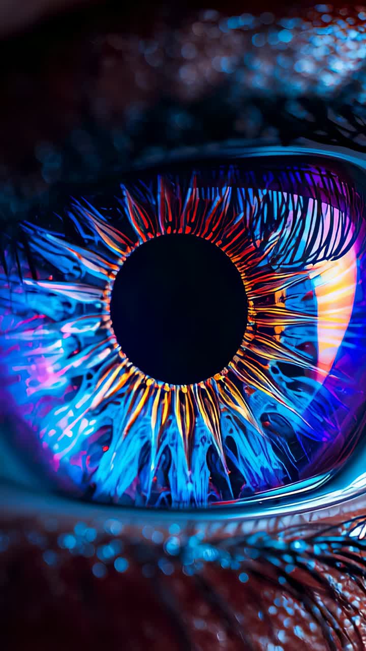 Vertical video: Recording macro lens filming eye shifting in studio to reveal neon iris, pupil